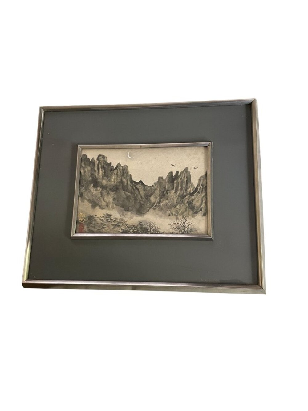 Japanese Sumi-e Landscape by Azuma Shoko - "Pale Moon" Mountain Ink Painting